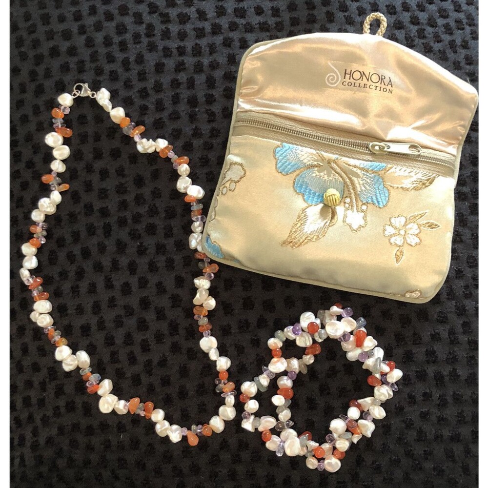 Honora Keshi Pearl Amethyst Carnelian Necklace 18" Bracelet Set QVC